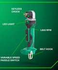 18V Right Angle Drill With 3/8 Inch Keyless Chuck, Paddle Switch, LED Light, Variable Speed, Side Handle, Compact Bare Tool