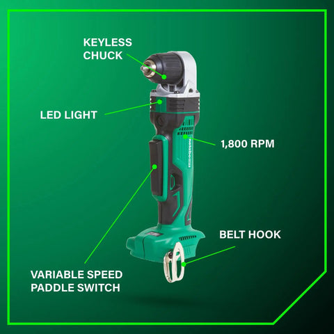 18V Right Angle Drill With 3/8 Inch Keyless Chuck, Paddle Switch, LED Light, Variable Speed, Side Handle, Compact Bare Tool