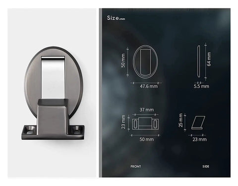 Heavy Duty Magnetic Door Stops Made From Stainless Steel Gold Holder front view and size specifications illustration.
