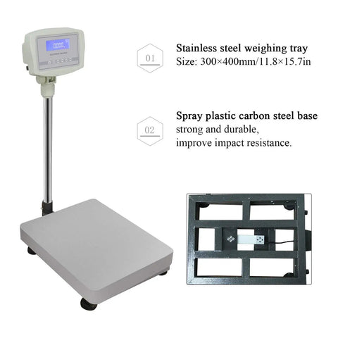 Heavy Hitter Digital Floor Scale With Six Hundred Sixty One Pound Capacity And Spit Spot One Gram Precision For Warehouse Shipping Or Animal Weighing Featuring Glowing Lcd Monitor And Slick Unit Switching Setup with stainless steel tray and durable base.