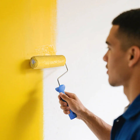 Person using Microfiber Paint Roller Covers 9 Inch 3/8 Inch Nap 12 Pack Pro Grade For Smooth Walls And Ceilings Shed Resistant And Washable