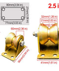 Rock Solid V Groove Wheel And Sliding Gate Casters With Steel Track For Doors And Cranes 4 Pack Handles, dimensions and details shown.