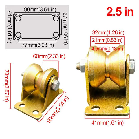 Rock Solid V Groove Wheel And Sliding Gate Casters With Steel Track For Doors And Cranes 4 Pack Handles, dimensions and details shown.