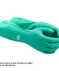 Pair of green heavy duty nitrile glove set, 15 mil chemical-resistant, 13 inch gauntlet with bisque grip, latex free, small size