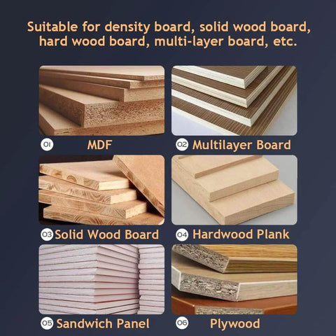 Collage of six wood boards: MDF, multilayer board, solid wood board, hardwood plank, sandwich panel, plywood.