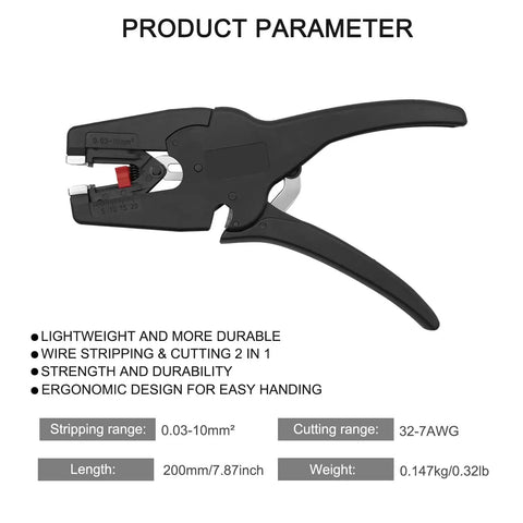 Automatic Wire Stripper And Cutter 2 In 1 For 32-7 AWG Wires, black ergonomic design with product parameters and features