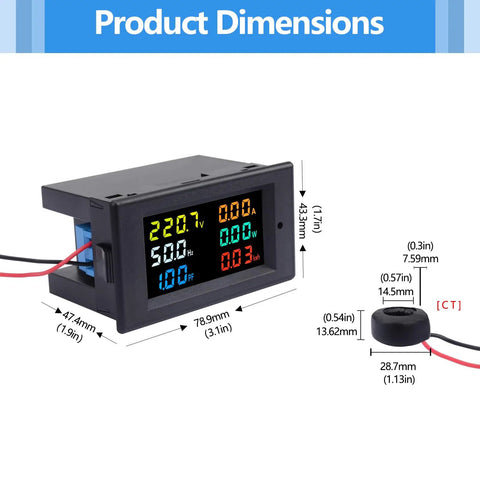 AC Power Meter Panel Gauge With 40 To 300V Range And 100A Input, Digital Multimeter With Color LCD Display showing product dimensions