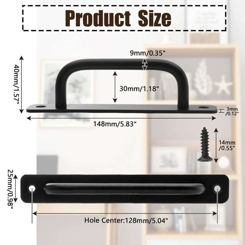 Black Barn Door Handle Set 2 Pack With 128mm Hole Center Sliding Cabinet Pulls, showing dimensions and screw detail.