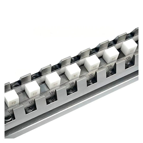 Pro Shop Ceramic Step Pitch Gauge For Router And Table Saw Alignment with white ceramic blocks and metric readings on a metallic base.