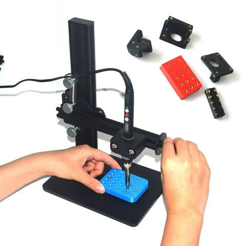 Heat Set Insert Tool Kit With 370 Brass Threaded Inserts for 3D Printing in use, showing installation on blue plastic base.