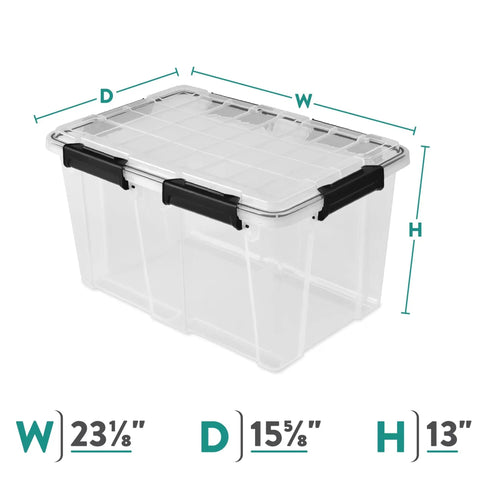 54 Quart Tough As Nails Crystal Clear Storage Tote With IP68 Rated Gasket Sealed Lid and Heavy Duty Secure Latches shown in dimensions.