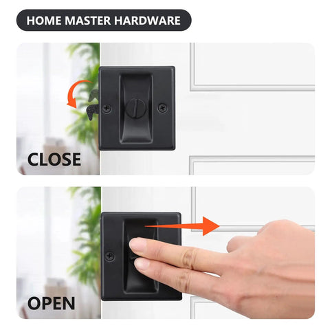 Premium Solid Brass Matte Black Pocket Door Lock Pull Set, 2 Pack, shown closed and open on sliding door
