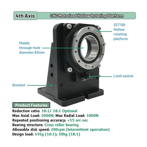Top Shelf Electric 4Th Axis 360 Degree Rotary Table Featuring A Dope 3Nm Stepper Motor With Smooth 18 to 1 Gear Driven R Axis, showing a CNC motorized hollow rotating platform.