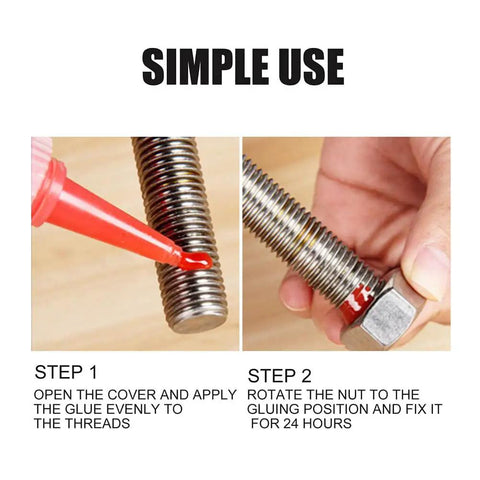 Application of Heavy Duty Thread Locker Adhesive 50Ml Industrial Grade Red Anaerobic Sealant on metal bolt and nut step-by-step