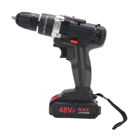 Rock Solid Cordless Drill Driver With 21 Volt Battery And Dual Gear Transmission on a work surface with battery attached.