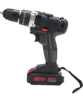 Badass Brushless Cordless Drill Set With A Beefy 350 Watt Motor And Swift 1450Rpm Speed For Straight Up Heavy Duty Wood And Steel Drilling Tasks Plus Twin Batteries And Carry Case side view of cordless drill with lithium battery