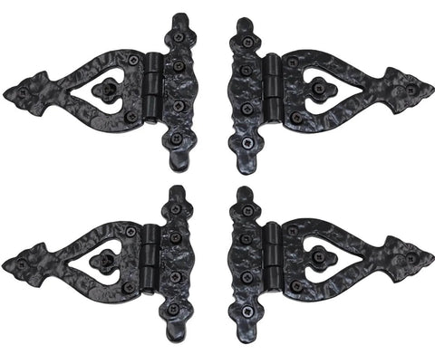 Heavy Duty Cast Iron T Strap Barn Door Hinges 4 Pack 5.2 X 4.5 Inches Black for Wooden Fences and Farm Gates laid out in a set