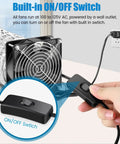 Axial 120mm Cooling Fan 12038, 110V AC with grill and power plug, shown with built-in ON/OFF switch and wall outlet connection.