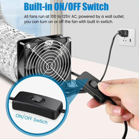 Axial 120mm Cooling Fan 12038, 110V AC with grill and power plug, shown with built-in ON/OFF switch and wall outlet connection.