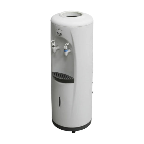 Top Loading Water Cooler Dispenser That Fits 3 And 5 Gallon Bottles, Freestanding Stainless Steel Reservoir, Cold Or Room Temperature Water, Great For Home Kitchen Office Dorm White; white freestanding water cooler with dual spouts.
