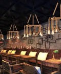 Hemp Rope Six Light Hanging Pendant Ceiling Light Fixture, Dope Industrial Vintage Rustic Chandelier with tables and chairs