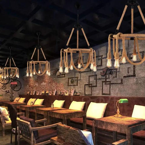 Hemp Rope Six Light Hanging Pendant Ceiling Light Fixture, Dope Industrial Vintage Rustic Chandelier with tables and chairs