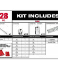 Diagram showing contents of 3 Eighth Inch Drive SAE Ratchet And Socket Tool Set With Packout Case 28 Piece including sockets and extensions.