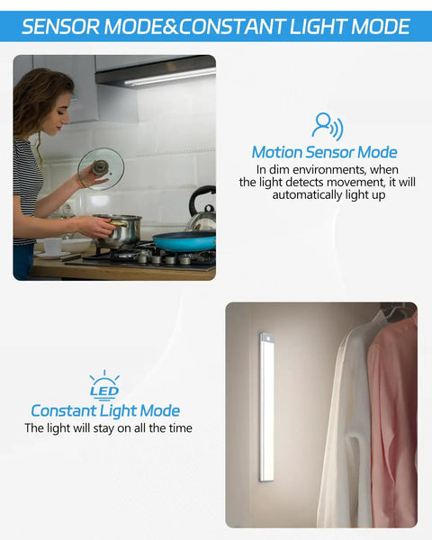 Rechargeable Motion Sensor LED Cabinet Light Two Pack with 2500mAh Battery showing usage in kitchen and wardrobe