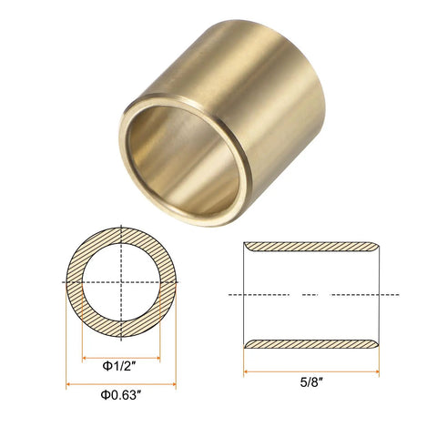 Heavy Duty Brass Sleeve Bearings 1/2 Inch Bore 5/8 Inch OD And Length Oilless Plain Bushings showing dimensions and design.