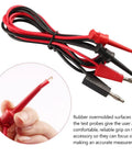 Alligator Clip To Banana Plug Multimeter Lead Set With Mini Hooks, 3 Pairs in use showing hand holding red probe.