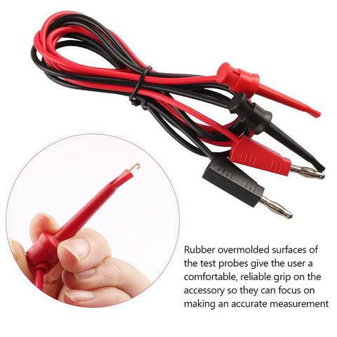 Alligator Clip To Banana Plug Multimeter Lead Set With Mini Hooks, 3 Pairs in use showing hand holding red probe.