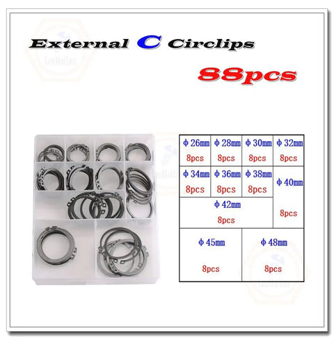 Alloy Steel E Clip Circlip Ring Assortment Set 88 Piece Handy Heavy Duty Retaining Clips Kit for Mechanical Projects Durable E Clips and Rings for Automotive DIY and Home Repairs, 88-piece external circlips set, 26-48mm