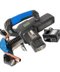 Electric Copper Tube Bender For HVAC And Refrigeration Piping 1/4 To 7/8 Inch with battery and charger, showing adjustable angle features.