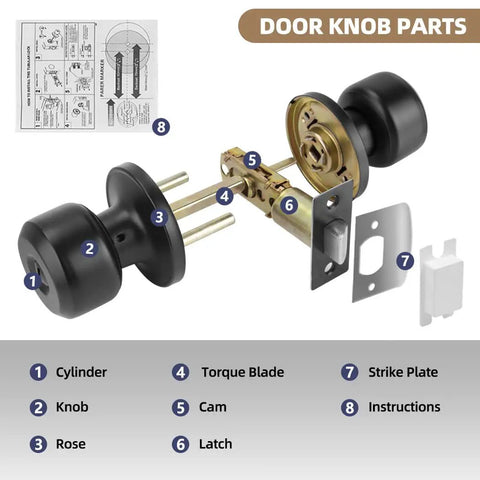 8 Pack Privacy Door Knobs Matte Black Keyless Interior Passage Lockset For Bedroom Bathroom Garage With Round Style Easy Install Adjustable Latch For 2-3/8 And 2-3/4 Backsets Includes Strike Plates And Screws