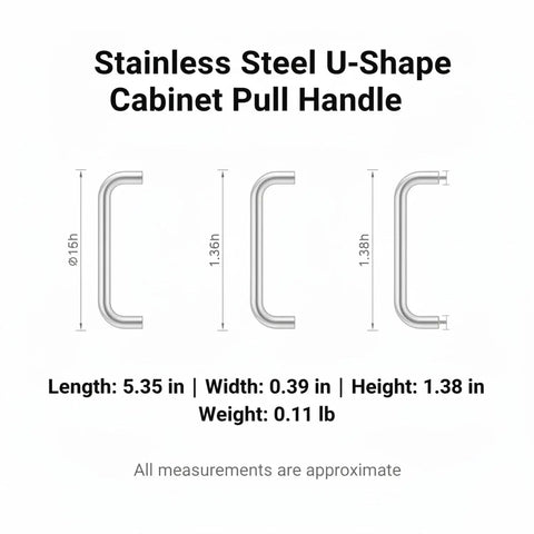 Dimensions diagram for U Shaped Stainless Steel Cabinet Pull Handle For Kitchen Drawers And Closets With Ergonomic Grip, corrosion resistant
