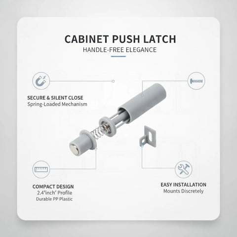 Push To Open Cabinet Latch Low Profile Gray Handleless Door Catch With Hidden Spring Mechanism Durable PP Plastic