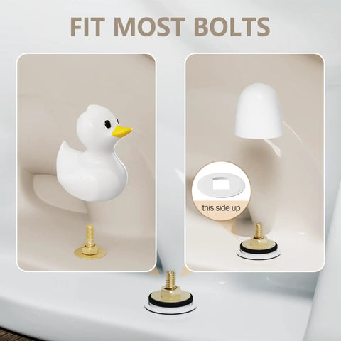 2 Pack Ceramic White Duck Toilet Bolt Covers With 4 Round Cap Washers Adorable Bathroom Decor Easy Tool Free Install Cute Toilet Floor Screw Covers Fun Christmas Gift For Women shown in use