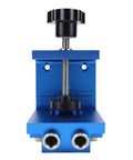 Premium Pocket Hole Jig Kit Featuring Adjustable 15 Degree Drill Guide And Dual Scale Slider For Hella Tight Joints In Woodworking And Furniture Assembly front view of blue aluminum base with clamp and drill guides