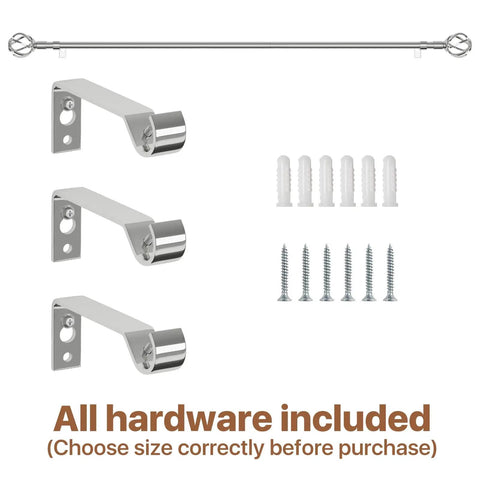 Chrome Curtain Rod With Decorative Cage Finials Built Tough Heavy Duty Adjustable Splice Rod For Windows Patio And Sliding Glass Doors Extends From Sixty-Six To One Hundred Twenty Inches Five Eighths Inch Diameter with included hardware shown, brackets and screws visible
