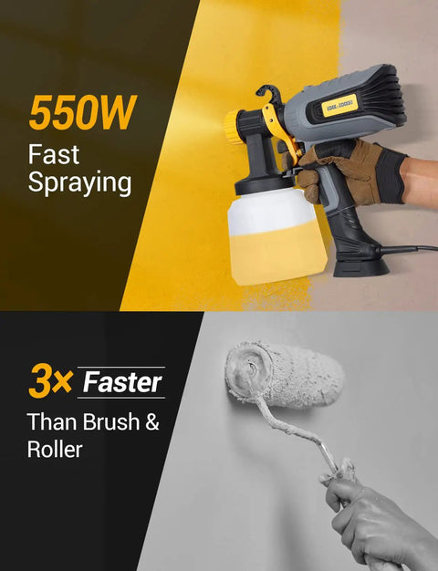 All Around Paint Sprayer For Home Interior And Exterior With 1400ml Tank, 550W, 4 Nozzles spraying yellow paint on wall