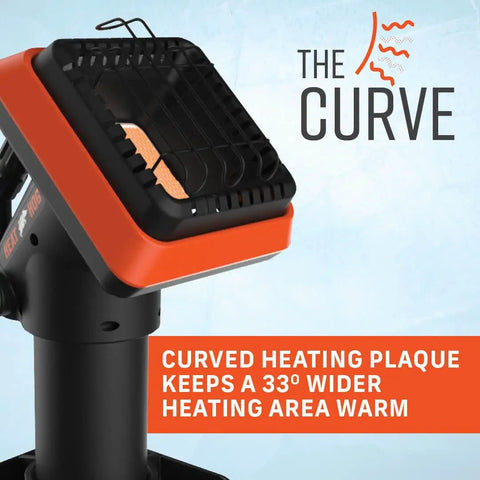 Go-To Portable Propane Radiant Space Heater 4,000 BTU Heats Up To 100 Sq Ft Indoor Outdoor Use angled view with curved plaque