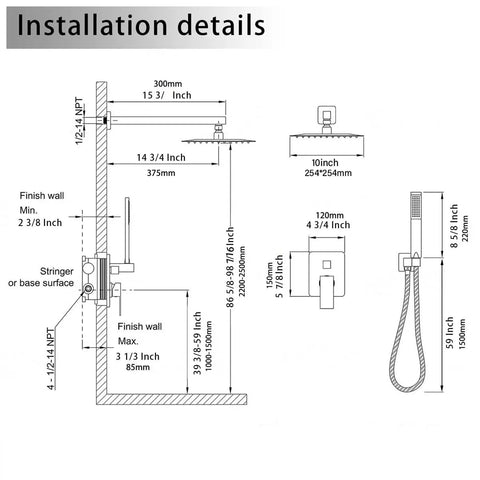 10 Inch Chrome Shower System With Rain Shower Head And High Pressure Handheld Wall Mounted Faucet Rough In Valve Kit Included Rust Free H59 Brass Core Easy Install Water Saving Performance For Modern Bathrooms Upgrade Your Home Spa installation details diagram.