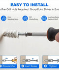Installation process of 50 Piece Self Drilling Drywall Anchor And Screw Kit With Zinc Coated Steel Screws, showing anchor and screw in wall.
