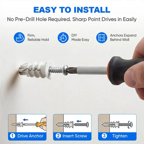 Installation process of 50 Piece Self Drilling Drywall Anchor And Screw Kit With Zinc Coated Steel Screws, showing anchor and screw in wall.