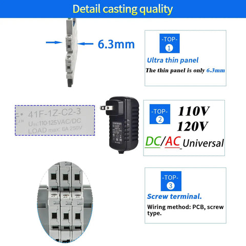 Ultra Compact 110V AC DC Power Relay With LED Indicator featured with 6.3mm thin panel, 110V 120V DC/AC adapter, and screw terminal