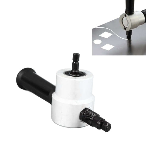 Double Head Sheet Metal Cutter With 360 Degree Nibbler Drill Attachment shown cutting metal, highlighting durable alloy build.