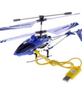 Blue S107G 3 Channel RC Helicopter Gyro with Brushed Motor and LiPo Battery, Easy To Fly For Beginners, USB charging cable visible
