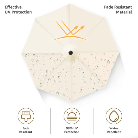 Top view of cream umbrella showcasing water droplets, illustrating fade resistance and UV protection benefits.