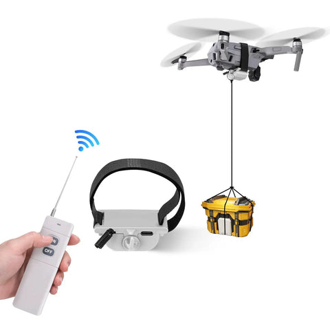 All Terrain Drone Airdrop System With Remote Release For Payload Delivery holding package using handheld remote control