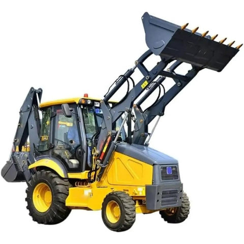 Beast 4WD Backhoe Loader With 2.5m Digging Depth Front Loader And Rear Digger Multi Function Attachments shown on construction site.